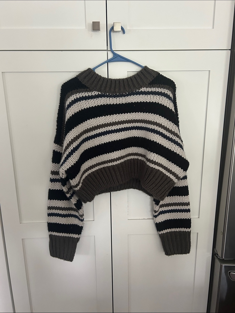 Elan Cropped Striped Crewneck Sweater in Black, Cream & Brown